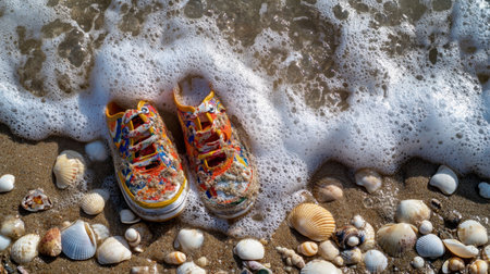 A vibrant pair of colorful sneakers rests on the sandy beach, partially covered by gentle sea foam, surrounded by intriguing seashells. A perfect summer scene.の素材