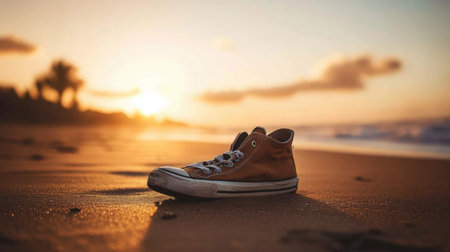 A brown sneaker rests on a sandy beach at sunset, capturing a tranquil moment by the ocean. Silhouetted palm trees enhance the serene landscape.の素材