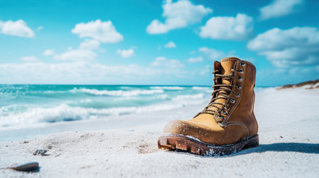 A rugged brown work boot sits on a sandy beach, illuminated by bright sunlight and surrounded by gentle ocean waves under a clear blue sky.の素材