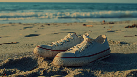 A serene scene capturing white sneakers resting on warm sand on a beach, with gentle ocean waves and a vibrant sky in the background, evoking peace and relaxation.の素材
