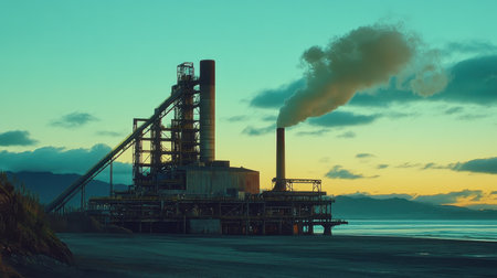 A stunning industrial factory scene at sunset, showcasing smoke emissions against a backdrop of mountains and vibrant skies, revealing a blend of nature and industry.の素材