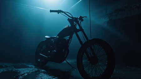 A captivating silhouette of a motorcycle in a dimly lit environment. The interplay of blue light and smoke creates a mysterious and dramatic ambiance, making it ideal for artistic projects.の素材