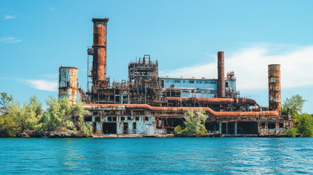 Captivating view of an abandoned industrial building with rusty pipes, surrounded by water and vibrant greenery under a clear blue sky, evoking a sense of nostalgia.の素材