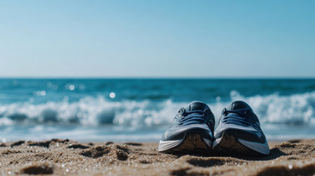 A pair of sporty running shoes sits on the sandy beach, with gentle ocean waves lapping nearby under a clear blue sky. Perfect scene for summer adventure.の素材