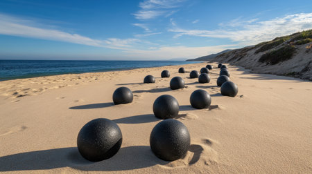 Stunning view of black spheres scattered on a secluded beach, featuring gentle waves and a clear sky, perfect for a serene escape and artistic inspiration.の素材