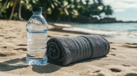 A tranquil beach scene featuring a water bottle beside a rolled towel on soft sand, surrounded by palm trees and a peaceful ocean backdrop.の素材