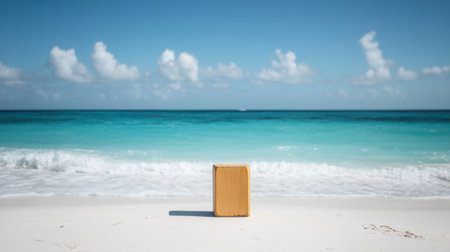 A serene minimalist scene features a wooden box sitting on white sand, framed by a stunning turquoise ocean and vibrant blue sky, perfect for tranquility.の素材