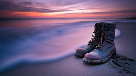 A pair of worn boots rests on the sandy beach as soft waves lap gently at the shore during a stunning sunset. The vibrant sky adds a serene atmosphere.の素材
