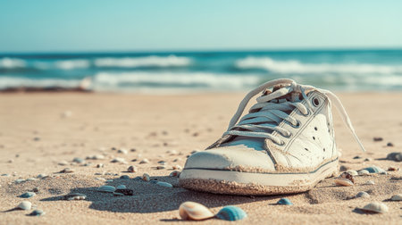 A solitary white athletic shoe rests on a sandy beach, surrounded by seashells and bathed in warm sunlight, evoking feelings of relaxation and tranquility.の素材