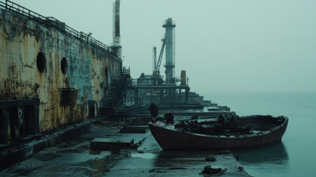 An eerie, fog-laden scene captures an abandoned dock with a rusting boat, surrounded by industrial structures. The atmospheric landscape evokes feelings of solitude and decay.の素材