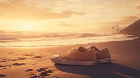 A serene beach scene at sunset featuring vintage sneakers resting on the sand, capturing a moment of tranquility and warmth as waves gently lap the shore.の素材