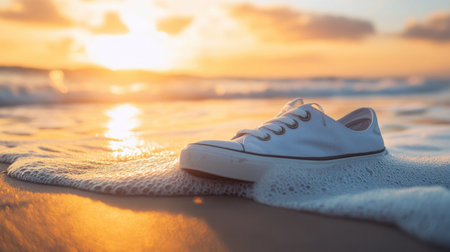 A serene view of a white sneaker resting on the sandy beach, illuminated by the sunset's warm glow. Gentle waves kiss the shoreline, creating a tranquil atmosphere perfect for capturing moments of relaxation and adventure.の素材
