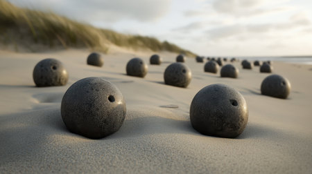 A surreal arrangement of bowling balls scattered on a sandy beach creates an intriguing visual landscape under soft natural light during dusk.の素材
