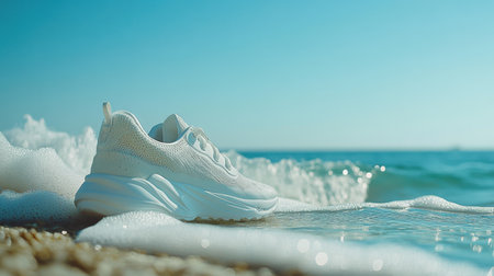 A white athletic shoe rests on wet sand with gentle waves lapping at the shore. The vibrant blue ocean and clear sky create a serene summer atmosphere.の素材