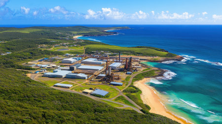 This breathtaking aerial view captures an industrial complex nestled between lush greenery and clear blue waters, showcasing the harmony between nature and industry.の素材