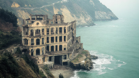 This haunting image captures an abandoned building perched on a rocky coastal cliff, surrounded by dramatic ocean waves and misty atmosphere, evoking a sense of mystery.の素材