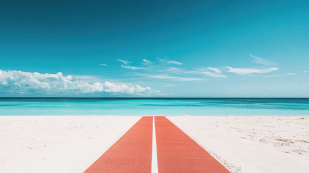 A striking red pathway stretches through soft white sand towards a calming blue ocean, creating a perfect scene of summer relaxation and tranquility.の素材