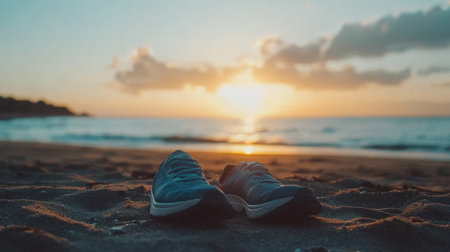 A pair of casual shoes resting on sandy beach during sunset, showcasing a beautiful ocean view with vivid colors and serene atmosphere.の素材