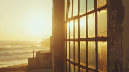 A breathtaking view of a serene sunset reflecting through weathered glass, capturing the tranquil essence of the coastal landscape and ocean waves.の素材
