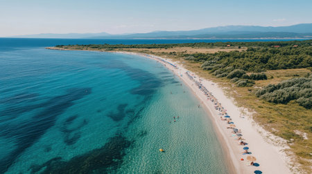 Discover a stunning aerial view of a tranquil beach, featuring clear turquoise waters and sandy shores, perfect for relaxation and summer vacations.の素材