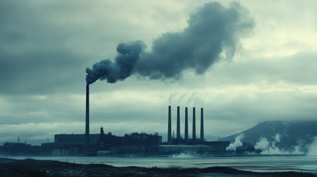 A captivating industrial scene featuring towering smokestacks emanating dark smoke and steam under a brooding sky, showcasing the essence of heavy industry.の素材