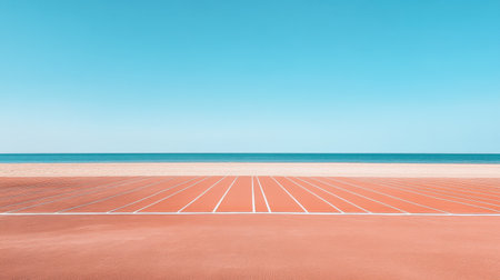 A tranquil scene featuring a running track set against a serene beach and vast ocean. The vibrant colors and clear sky create a perfect backdrop for outdoor activities.の素材