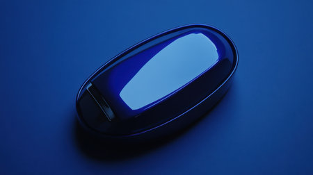 This image showcases a sleek black and blue device, elegantly illuminated by soft blue light against a dark surface, highlighting its modern design and unique aesthetic.の素材