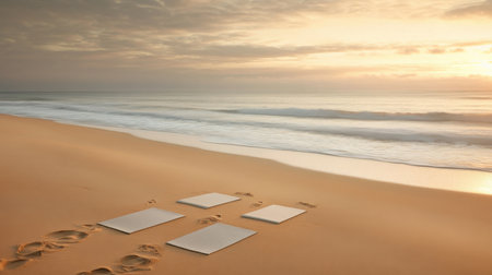 A serene beach scene at sunrise showcases three blank canvases on a sandy shore, with gentle waves lapping at the coastline, creating a peaceful atmosphere.の素材