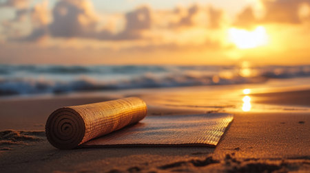 A serene yoga mat lies on the sandy beach, bathed in the soft golden light of sunrise. Gentle waves lap at the shore, creating a tranquil atmosphere perfect for relaxation and meditation.の素材