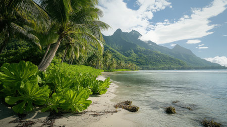 A stunning tropical beach scene featuring clear water, lush green plants, and majestic mountains, creating a perfect vacation escape in natureの素材