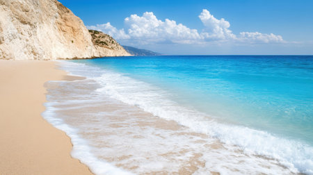 This image captures a stunning coastal view featuring a sandy beach, gentle waves lapping at the shore, and a vibrant blue ocean under a sunny sky.の素材