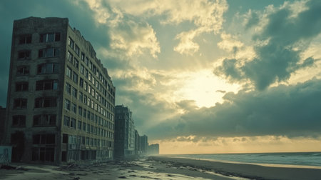 A hauntingly beautiful scene of abandoned coastal buildings silhouetted against a dramatic sky at sunrise, evoking feelings of nostalgia and solitude.の素材