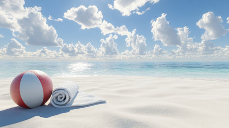 A serene beach setting featuring a colorful ball and a neatly rolled towel resting on soft, white sand. Gentle waves meet the horizon under a bright blue sky dotted with fluffy clouds, inviting relaxation and summertime joy.の素材