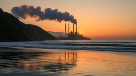 Captured at sunrise, this stunning coastal scene showcases industrial smokestacks emitting smoke while reflecting in the ocean's surface, highlighting environmental concerns.の素材