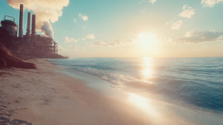 A stunning view of an industrial facility situated by a tranquil beach at sunrise, showcasing the contrast between nature and industrial development.の素材