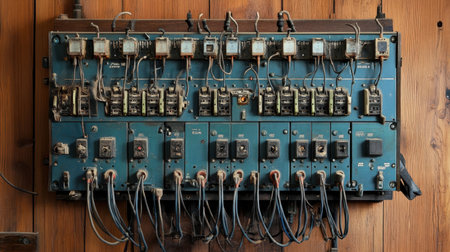 This image showcases a vintage electrical control panel featuring numerous wires and switches against a wooden wall, offering an old-fashioned industrial aesthetic.の素材