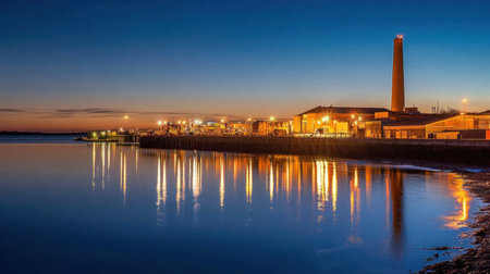 This captivating image captures a tranquil evening at an industrial waterfront, showcasing colorful reflections in calm water under a dusky sky.の素材