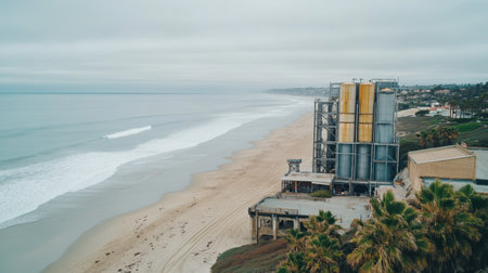 A captivating aerial view of an industrial structure sitting beside a pristine beach, with gentle waves lapping at the shore under cloudy skies.の素材