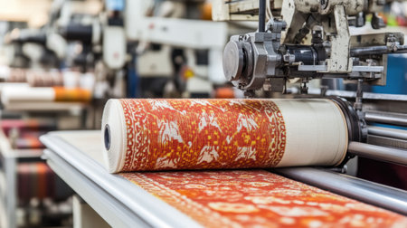 A close-up view of textile production machinery showcasing the intricate printing of patterns on a fabric roll, highlighting modern manufacturing techniques.の素材