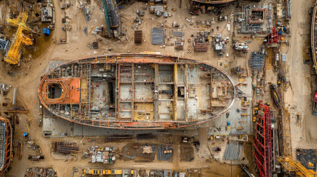 This aerial image showcases a shipbuilding yard where a large vessel is under construction. Surrounding the unfinished ship are various construction materials and equipment.の素材
