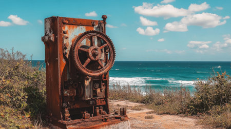 An old, weathered mechanical gear stands proudly by the ocean, surrounded by lush greenery and under a bright blue sky filled with fluffy clouds.の素材