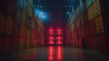 A captivating view of an industrial warehouse filled with shipping containers, featuring dramatic lighting and reflections, perfect for projects needing a unique urban backdrop.の素材