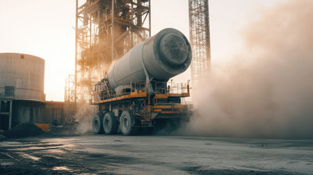 A concrete mixer truck moves through a construction site, enveloped in dust, showcasing the dynamic nature of industrial work and urban development.の素材