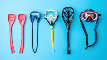 A vibrant arrangement of assorted snorkeling equipment featuring colorful masks and snorkels against a bright blue background. Ideal for aquatic enthusiasts.の素材
