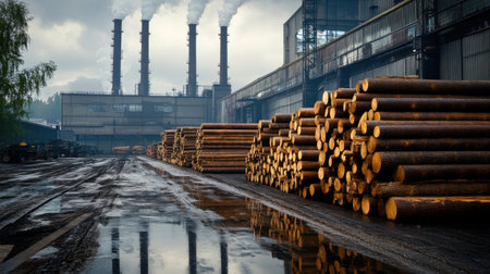This industrial image captures a factory setting with neatly stacked timber logs, smokestacks releasing smoke into a cloudy sky, reflecting environmental contrasts.の素材