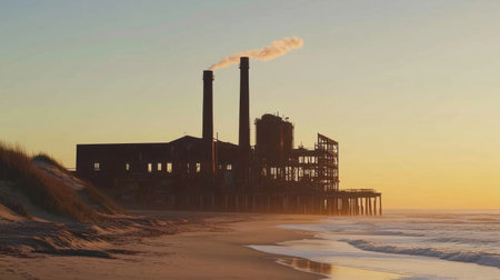 A striking image of an industrial building silhouetted against a colorful sunset by the ocean shore, showcasing smoke rising from its chimneys.の素材