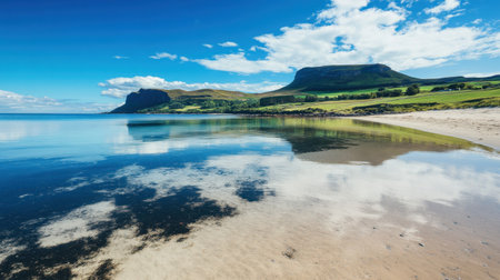 A stunning beach scene showcasing clear waters and vibrant reflections against a backdrop of lush greenery and vibrant blue skies, evoking peace.の素材