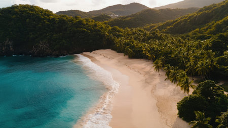 Scenic view of a tranquil tropical beach with soft white sand and crystal clear turquoise water. Lush greenery and mountains create a perfect escape for relaxation.の素材