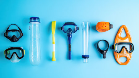 A vibrant arrangement of underwater exploration gear, featuring snorkels, masks, and other accessories on a striking blue background, ideal for summer escapades.の素材