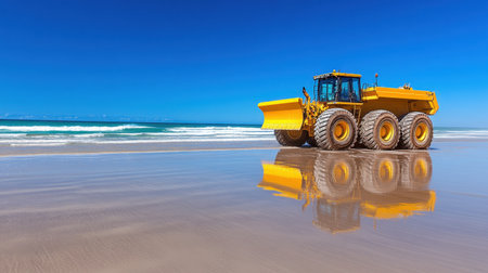 A bright yellow heavy machinery stands on a sandy beach, its reflection shimmering on the wet surface. This image captures the blend of industrial efficiency and serene coastal beauty.の素材